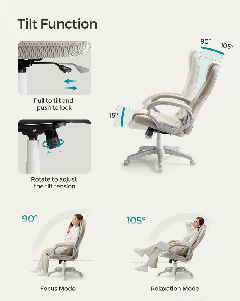 Tilt function showing 90 to 105 degree recline and tension adjustment dial on the cream white office chair