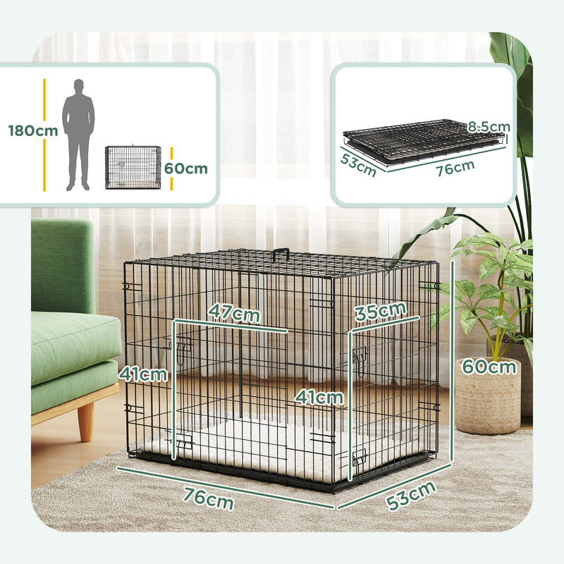 Foldable Black Dog Crate with 2 Doors Tray and Soft Cushion for Small Dogs 76 x 53 x 60 by PawHut