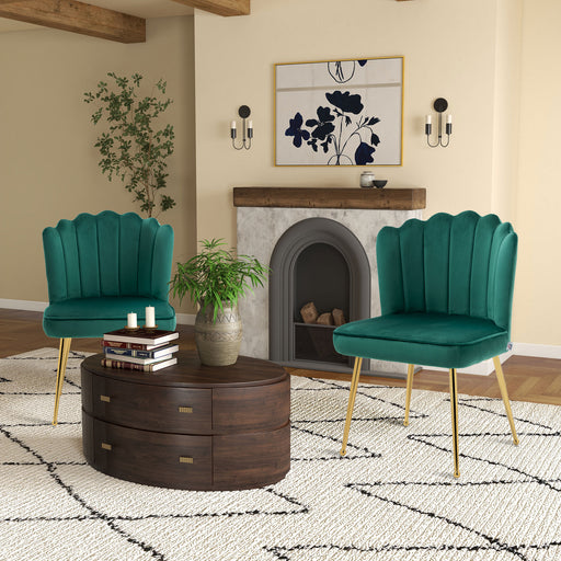Set of 2 Velvet Shell Dining Chairs with Gold Legs for Lounge or Kitchen Green