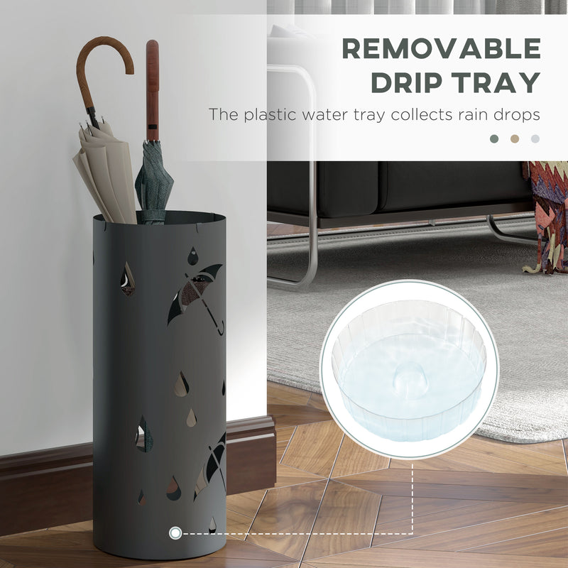 Freestanding Umbrella Stand with Drip Tray and Hooks Ideal for Hallway Storage, Dark Grey