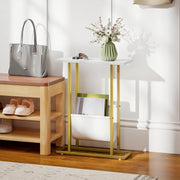 Narrow Side Table with Magazine Rack Ideal for Small Rooms and Bedrooms White Marble Grain