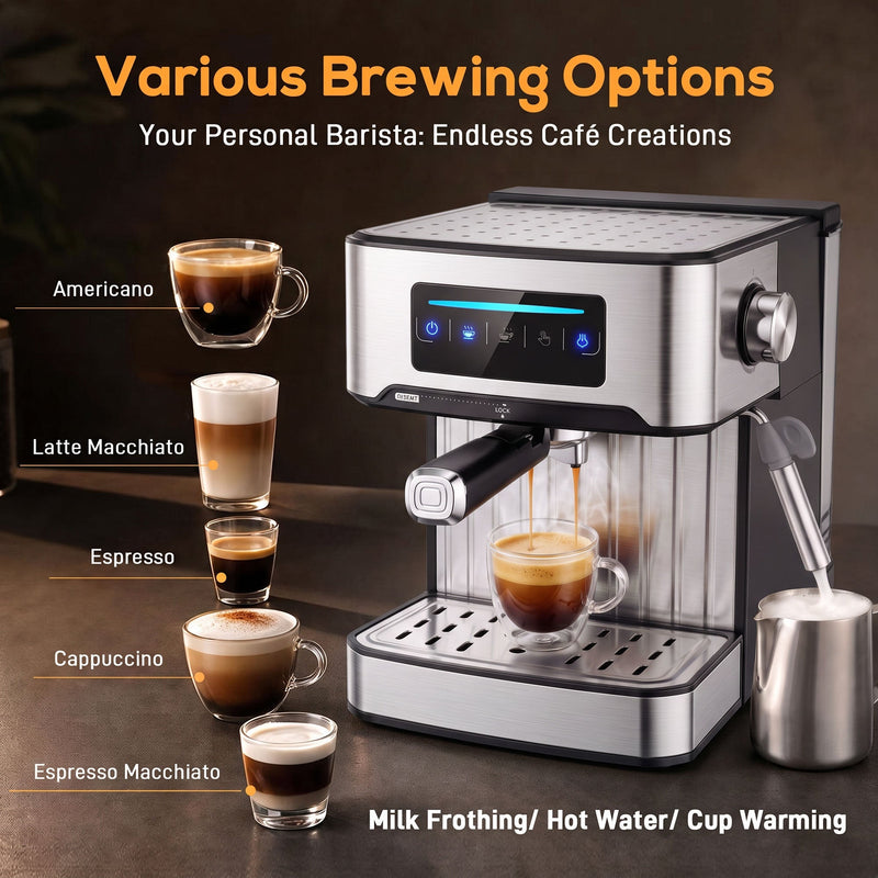 Five drink types listed beside the machine including americano and latte macchiato
