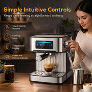 Touch control buttons, frothing knob and temperature display being used
