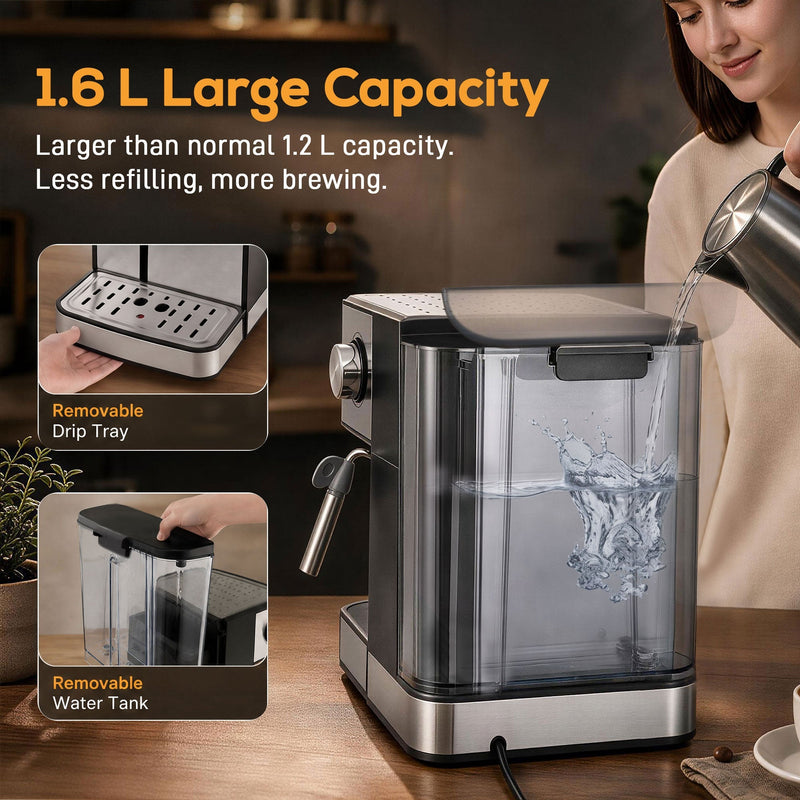 Water poured into the removable 1.6L tank, with the removable drip tray inset