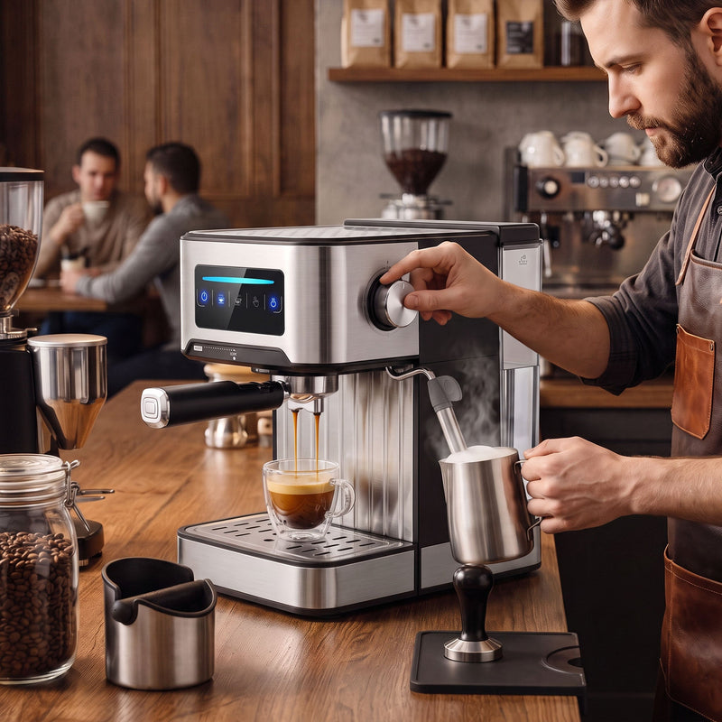 Barista steaming a jug of milk beside the machine in a coffee shop setting
