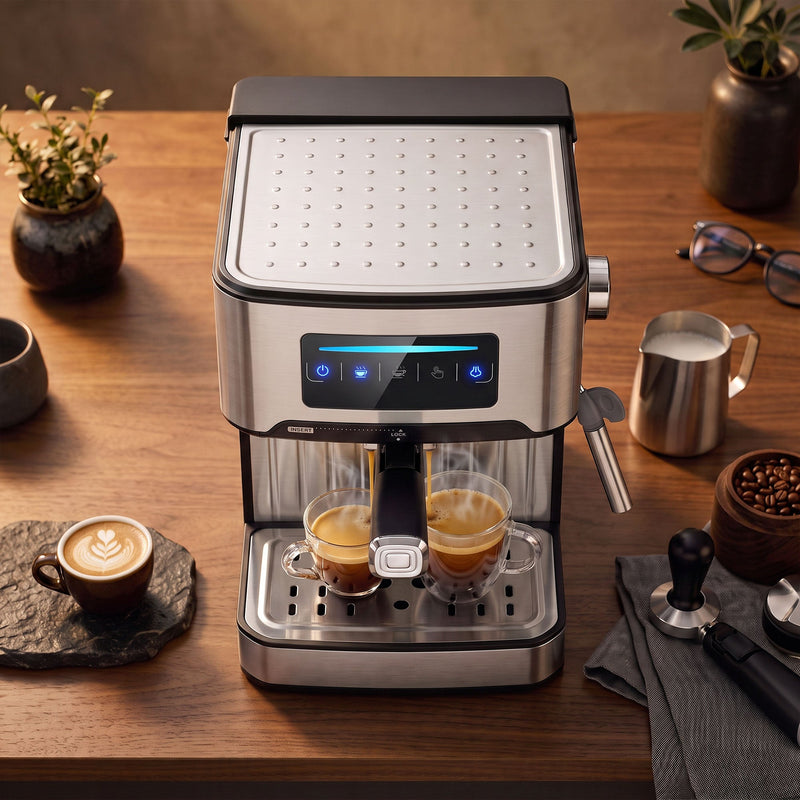 Front view of the machine filling 2 cups, with the cup warming plate on top