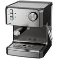 Black and stainless steel espresso machine with a steam wand on a white background