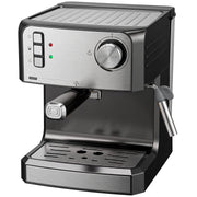 Black and stainless steel espresso machine with a steam wand on a white background