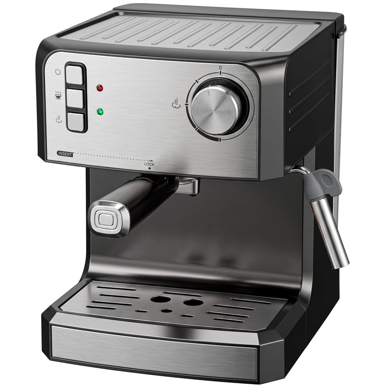 Black and stainless steel espresso machine with a steam wand on a white background