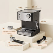 Dimensions diagram showing 29 by 22 by 28 cm with the spoon, funnel and double-cup filter