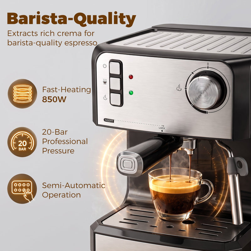Espresso pouring into a glass cup with 850W, 20 bar and semi-automatic callouts