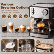 Brewing options graphic showing 5 coffee styles plus milk frothing, hot water and cup warming
