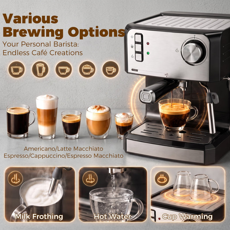 Brewing options graphic showing 5 coffee styles plus milk frothing, hot water and cup warming