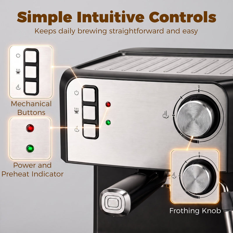 Control panel close-up labelling the mechanical buttons, indicator lights and frothing knob