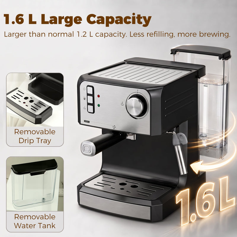 Rear-mounted 1.6 L removable water tank shown alongside the removable drip tray