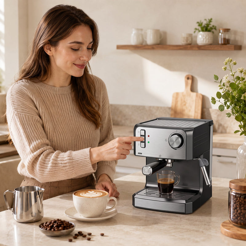 Woman pressing a button on the espresso machine in a bright kitchen with a latte beside her