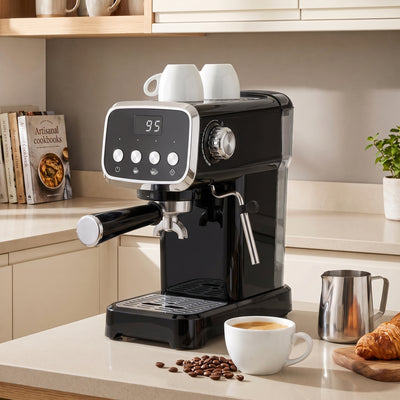 Espresso machine on kitchen counter with coffee cup