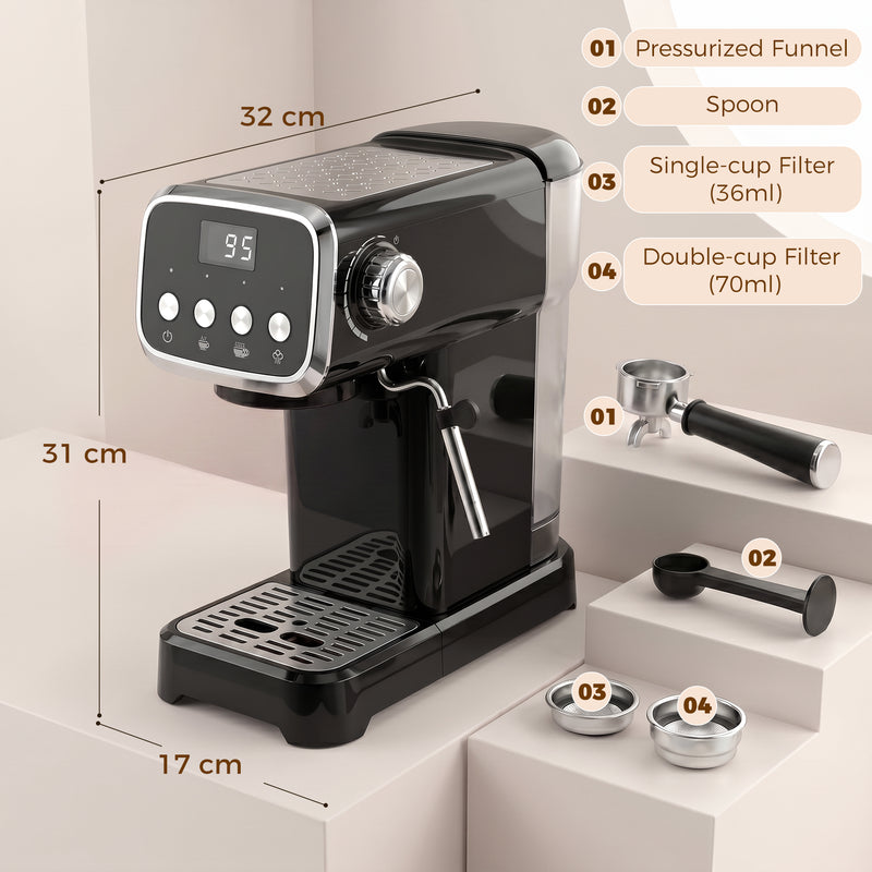 Espresso machine dimensions and included accessories