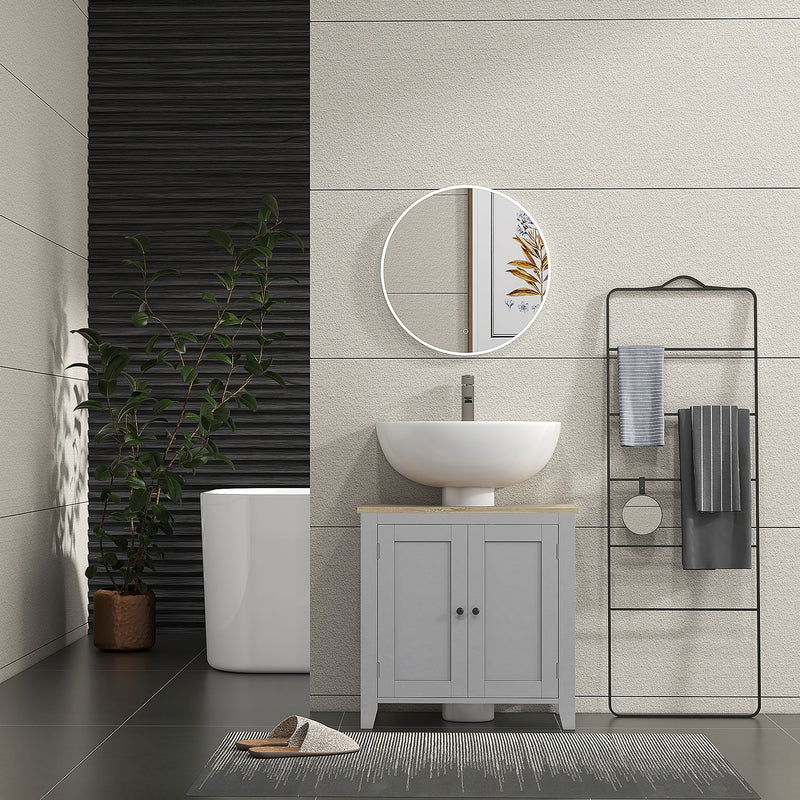 Grey Under Sink Bathroom Cabinet with Adjustable Shelf and Double Doors Freestanding Design