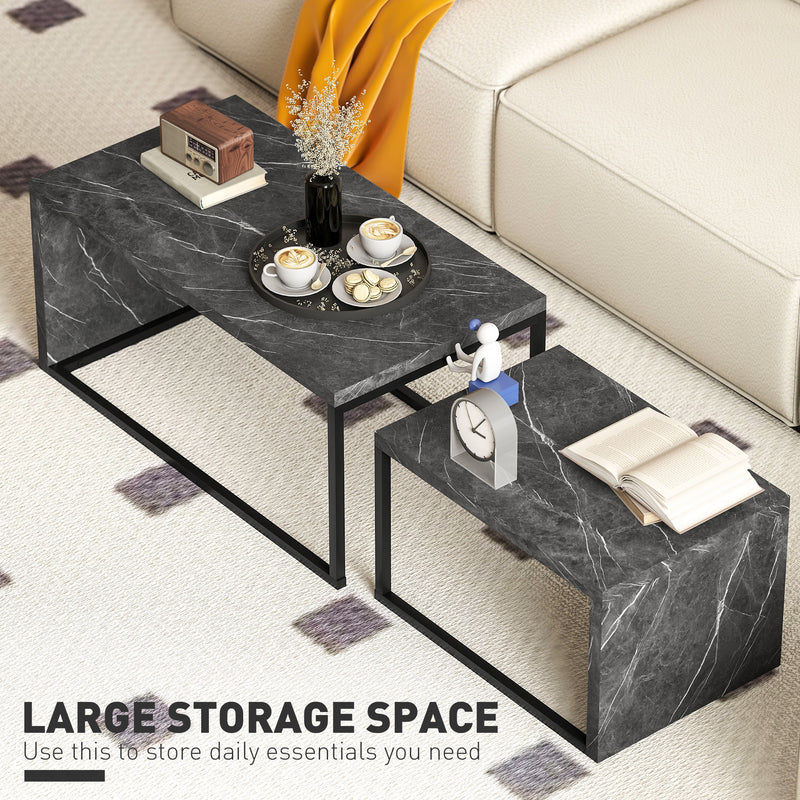 Set of 2 Dark Grey Marble Effect Coffee Tables With Metal Frame For Living Room Use