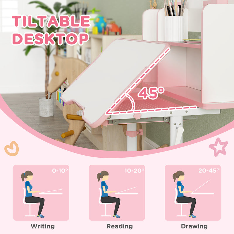 Height Adjustable Kids Desk and Chair Set with Tiltable Desktop and Reading Rack Pink by AIYAPLAY