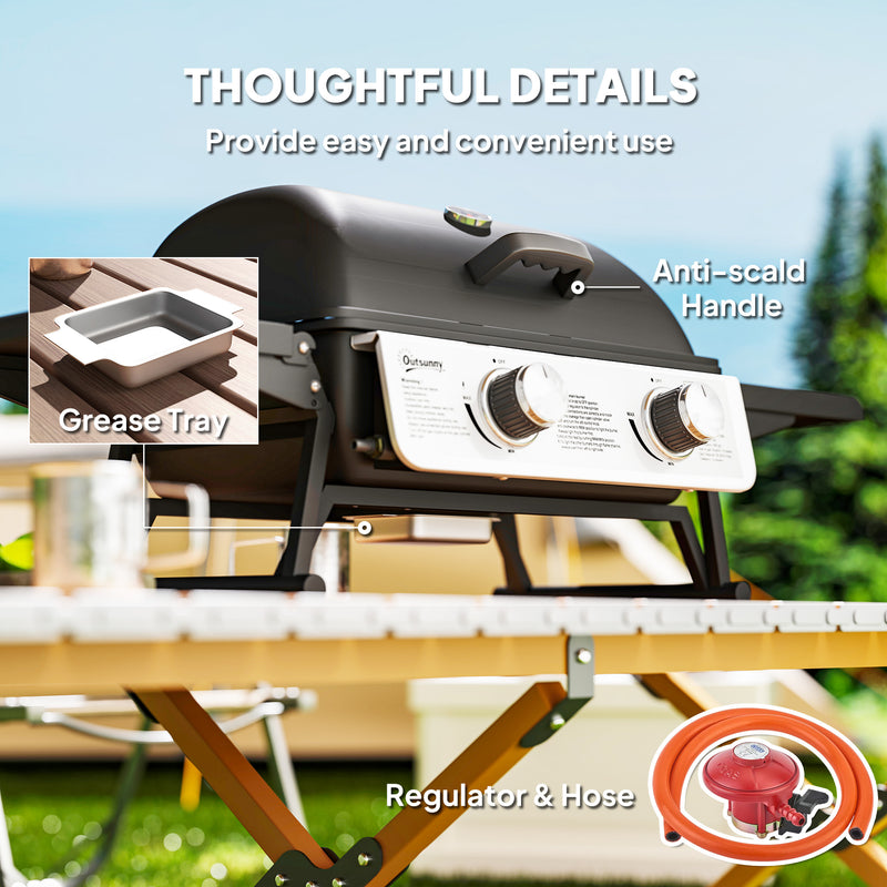 2 Burner Portable Gas BBQ Grill with Folding Side Tables and Thermometer by Outsunny