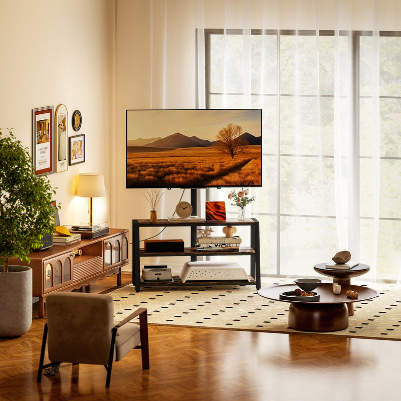 Rustic Brown TV Stand With Swivel Mount For 32 to 65 Inch TV Screens And Open Storage Shelves