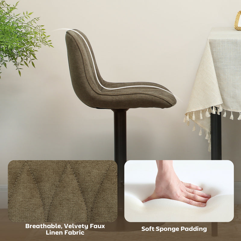 Set of Two Linen Look Bar Stools with Cushioned Seats for Kitchen or Home Bar, Brown