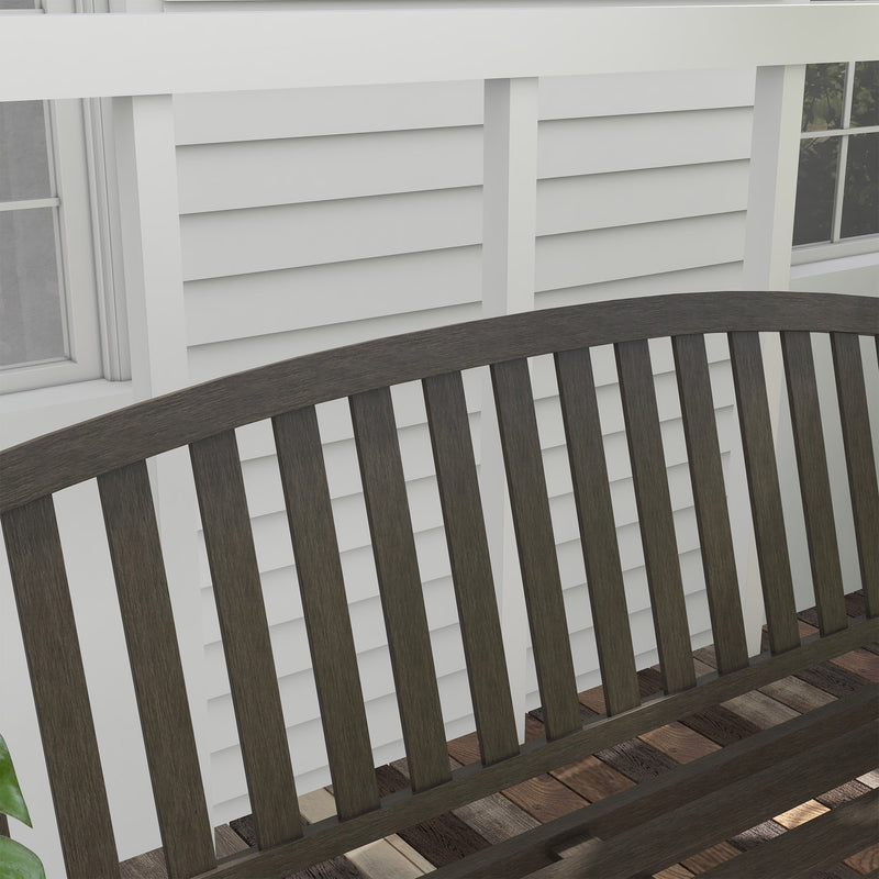 Brown Two Seater Metal Garden Bench with Slatted Design for Patio or Outdoor Use