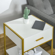 Set of 2 Modern Bedside Tables With Drawer and Shelf for Bedroom or Lounge White and Gold