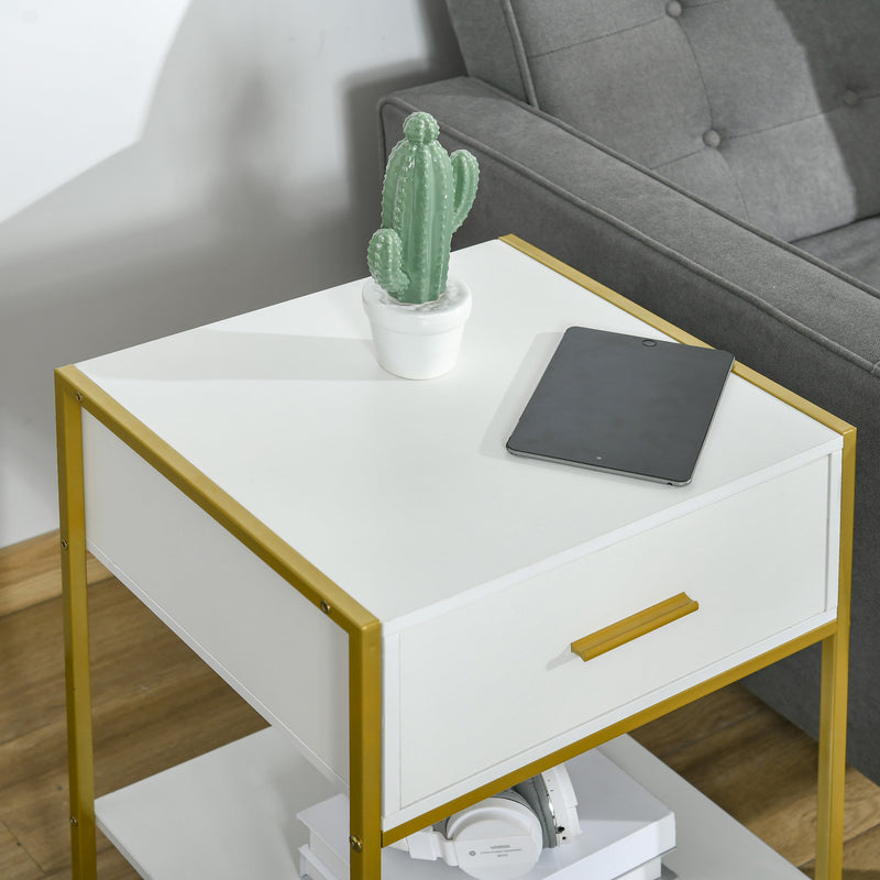 Set of 2 Modern Bedside Tables With Drawer and Shelf for Bedroom or Lounge White and Gold