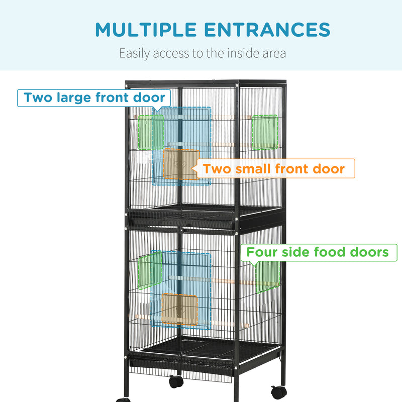 Large Bird Cage on Wheels with Removable Trays for Budgies Finches Cockatiels, Black