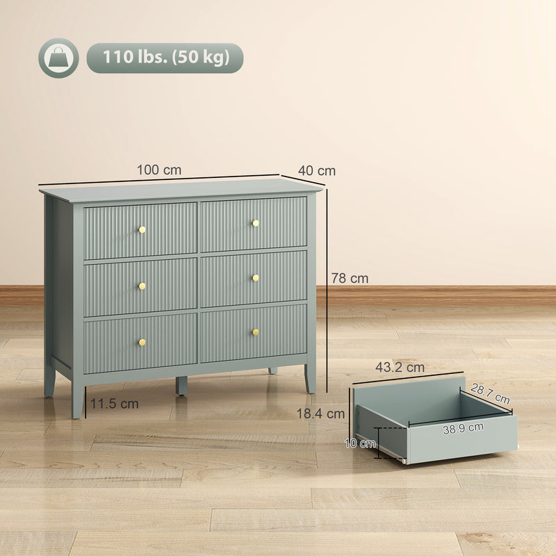 Green 6 Drawer Chest of Drawers With Fluted Drawer Fronts and Gold Knobs - 100x40x78cm Homcom