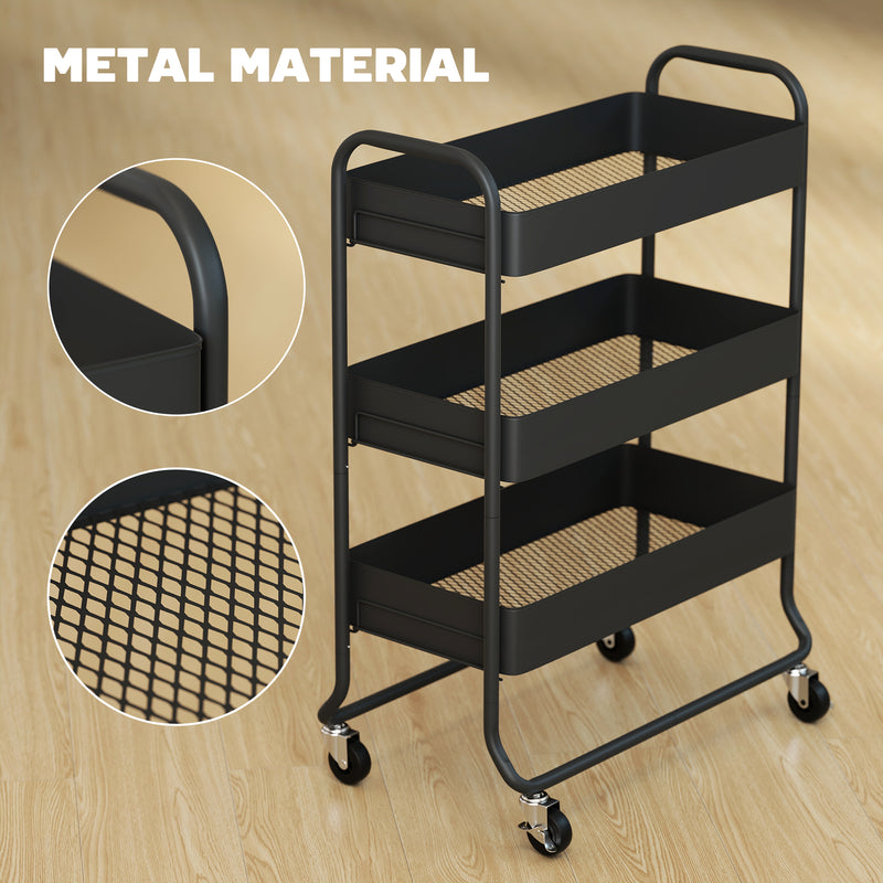 3 Tier Metal Storage Trolley With Wheels And Mesh Baskets For Home Organisation Black