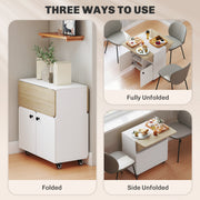 Folding Dining Table with Storage and Wheels for Small Spaces White Natural AOSOM