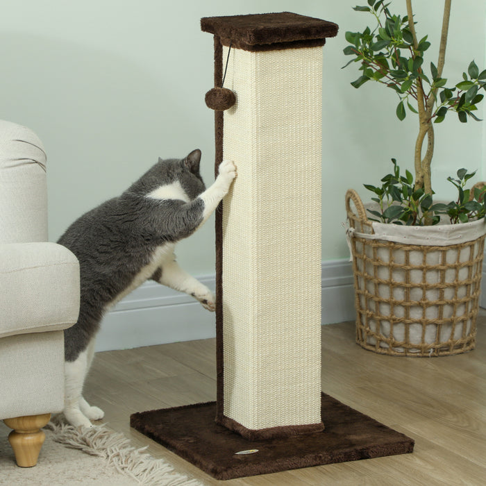 81cm Cat Scratching Post with Sisal Rope Hanging Ball and Soft Plush in Brown by PawHut