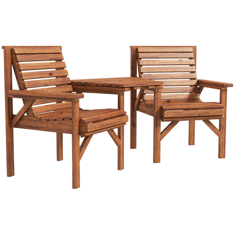 Wooden Garden Love Seat With Built In Coffee Table And Parasol Hole For Outdoors Tan Brown AOSOM