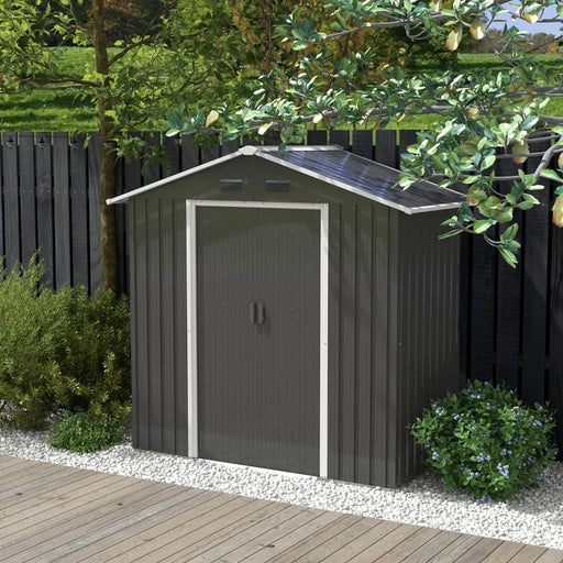 Image of a small grey metal outdoor garden storage shed with apex roof