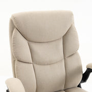 Close-up of the padded cream white linen-look backrest and armrest