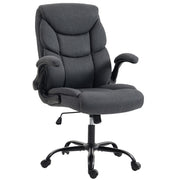 Dark grey linen-look executive office chair with flip-up armrests on a white background