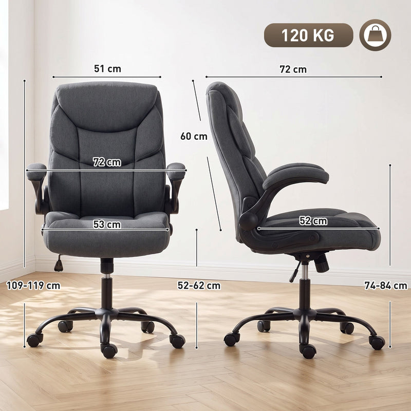Dimensions diagram of the dark grey office chair showing 109-119 cm height, 52-62 cm seat height and 120 kg capacity