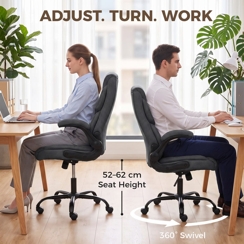 Two people seated at desks in dark grey chairs showing the 52-62 cm seat height and 360 degree swivel