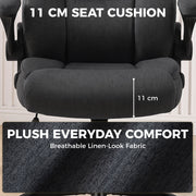 Close-up of the 11 cm thick dark grey seat cushion with a linen-look fabric swatch