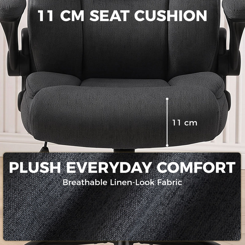 Close-up of the 11 cm thick dark grey seat cushion with a linen-look fabric swatch