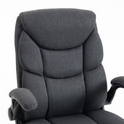 Close-up of the padded dark grey linen-look backrest and armrest