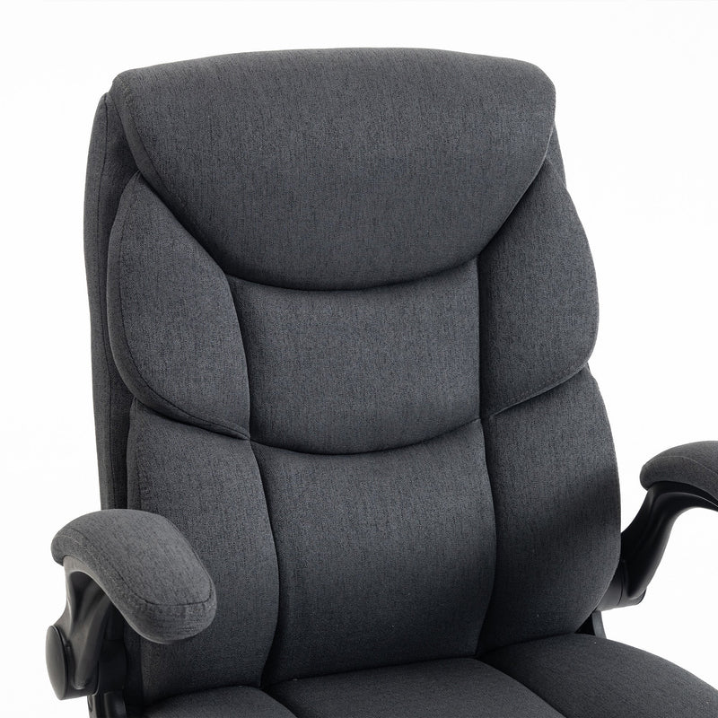 Close-up of the padded dark grey linen-look backrest and armrest