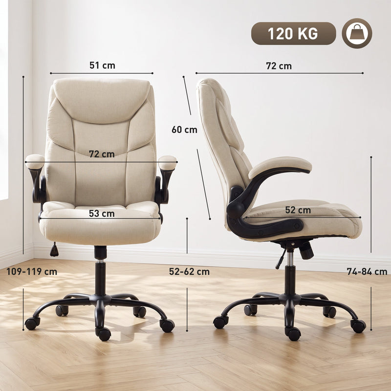 Dimensions diagram of the cream white office chair showing 109-119 cm height, 52-62 cm seat height and 120 kg capacity