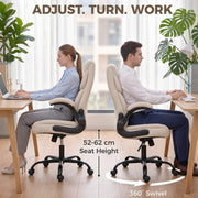 Two people seated at desks in cream white chairs showing the 52-62 cm seat height and 360 degree swivel
