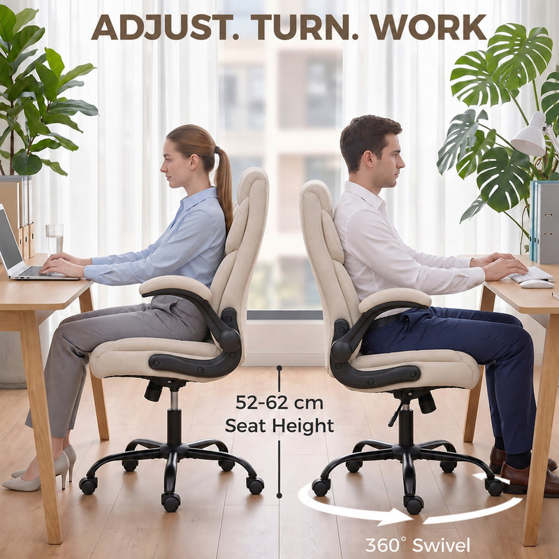 Two people seated at desks in cream white chairs showing the 52-62 cm seat height and 360 degree swivel
