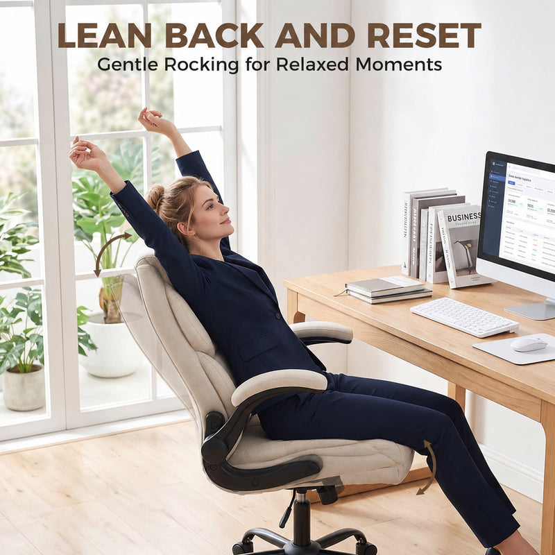 Woman stretching back in the rocking cream white office chair at her desk